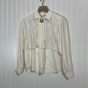Vintage Ballet New York Lace Bib Blouse M USA Cottagecore Victorian Pearl Button